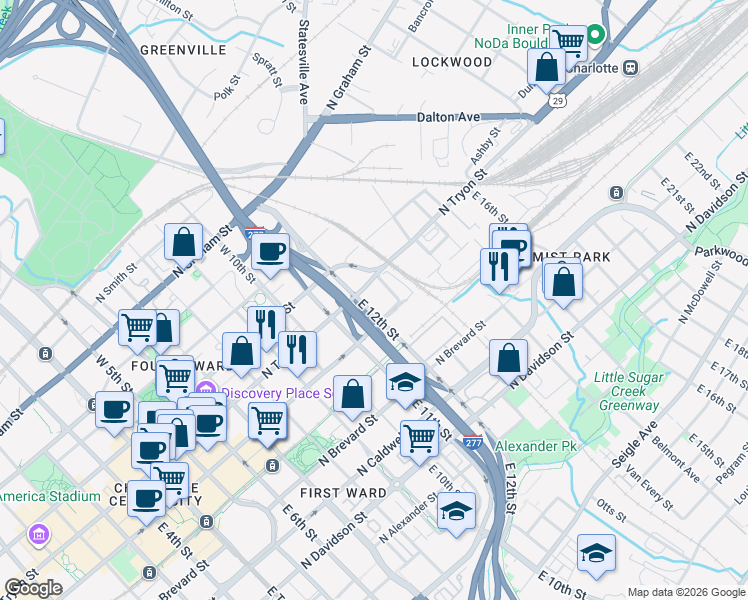 map of restaurants, bars, coffee shops, grocery stores, and more near 900 North Tryon Street in Charlotte