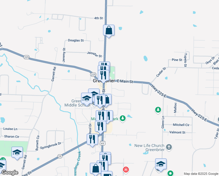 map of restaurants, bars, coffee shops, grocery stores, and more near 7 East Main Street in Greenbrier