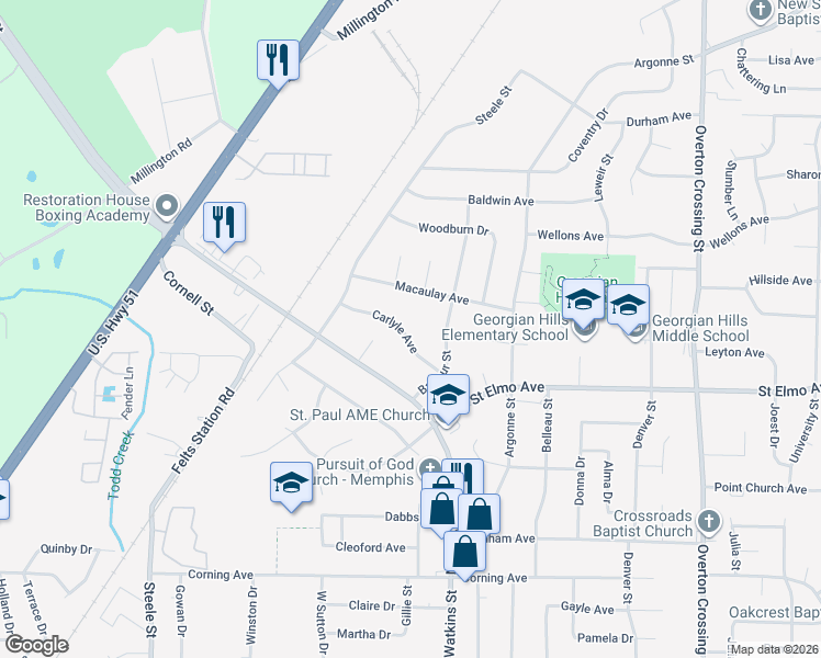 map of restaurants, bars, coffee shops, grocery stores, and more near 1756 Carlyle Avenue in Memphis