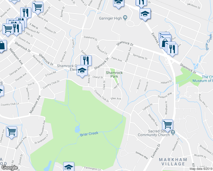 map of restaurants, bars, coffee shops, grocery stores, and more near 3117 Clark Street in Charlotte