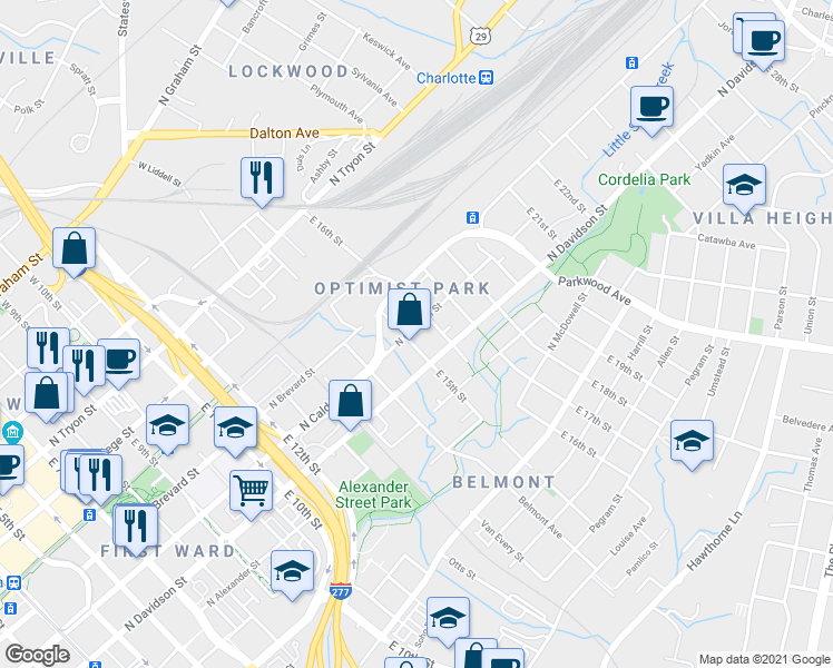 map of restaurants, bars, coffee shops, grocery stores, and more near 1276 Duncan Gardens Drive in Charlotte