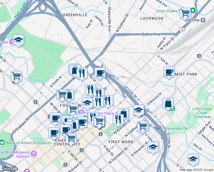 map of restaurants, bars, coffee shops, grocery stores, and more near 716 North Church Street in Charlotte