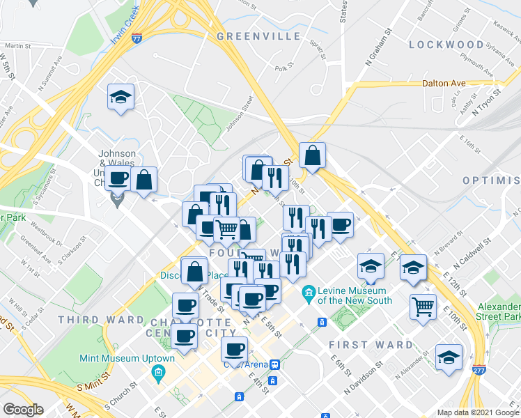 map of restaurants, bars, coffee shops, grocery stores, and more near in Charlotte