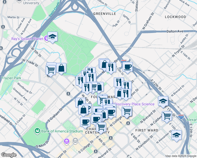 map of restaurants, bars, coffee shops, grocery stores, and more near in Charlotte