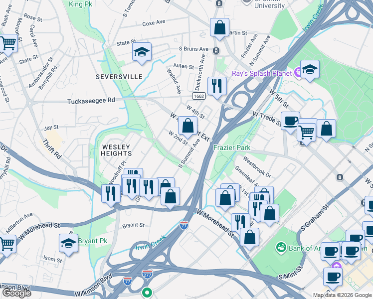 map of restaurants, bars, coffee shops, grocery stores, and more near 320 South Summit Avenue in Charlotte
