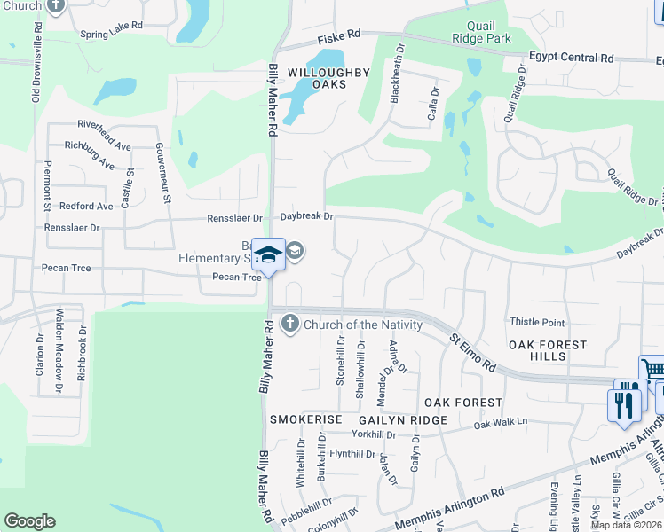 map of restaurants, bars, coffee shops, grocery stores, and more near 3951 Carla Lane in Bartlett