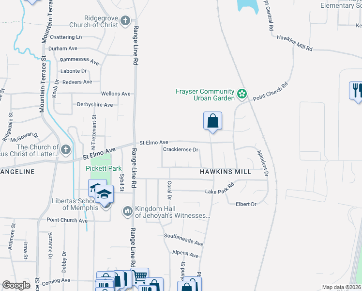 map of restaurants, bars, coffee shops, grocery stores, and more near 2760 Cracklerose Drive in Memphis