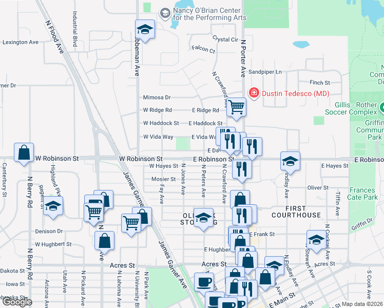 map of restaurants, bars, coffee shops, grocery stores, and more near 102 East Dale Street in Norman