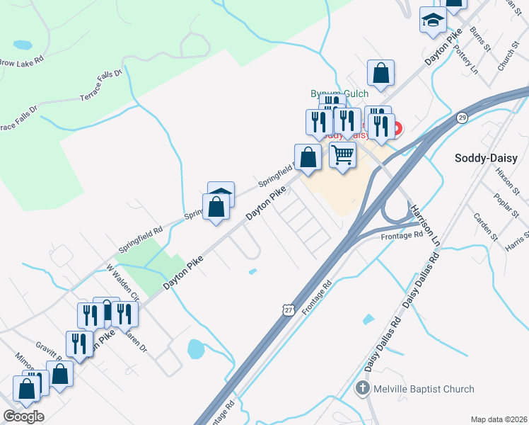 map of restaurants, bars, coffee shops, grocery stores, and more near 101 Hatlin Drive in Soddy-Daisy