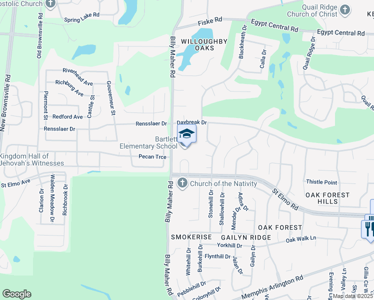 map of restaurants, bars, coffee shops, grocery stores, and more near 3932 Billy Maher Road in Bartlett