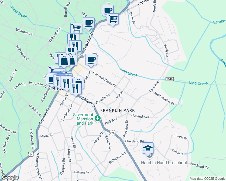 map of restaurants, bars, coffee shops, grocery stores, and more near Franklin Street in Brevard