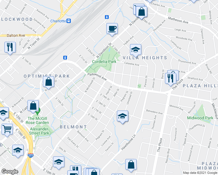 map of restaurants, bars, coffee shops, grocery stores, and more near 1707 Harrill Street in Charlotte