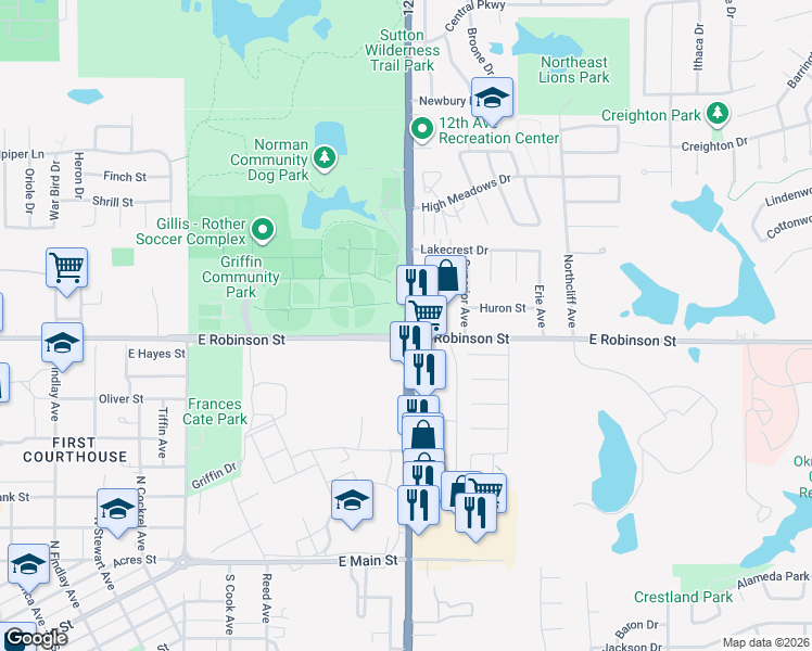 map of restaurants, bars, coffee shops, grocery stores, and more near 1201 12th Avenue Northeast in Norman