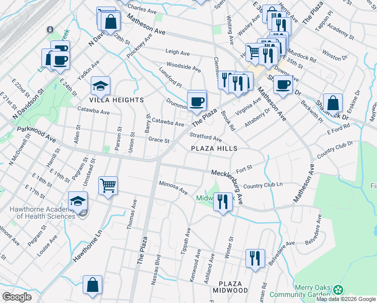 map of restaurants, bars, coffee shops, grocery stores, and more near Beacon Street in Charlotte