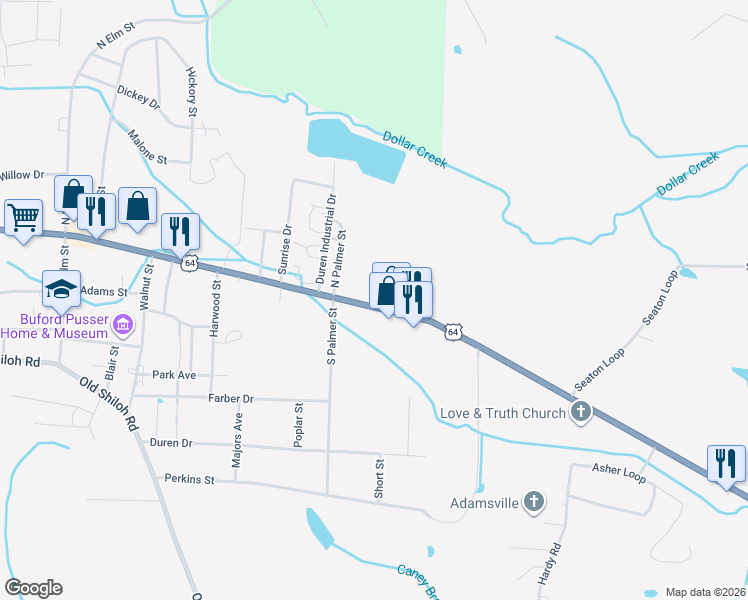 map of restaurants, bars, coffee shops, grocery stores, and more near 654 East Main Street in Adamsville