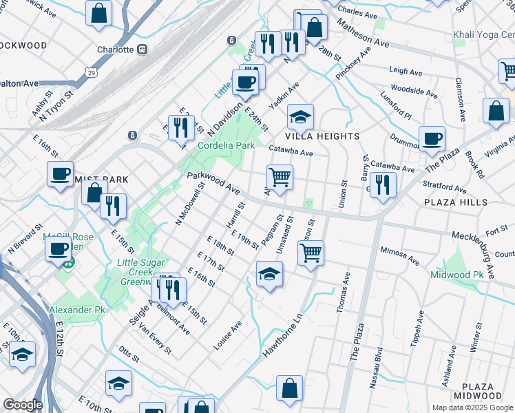 map of restaurants, bars, coffee shops, grocery stores, and more near 1016 Parkwood Avenue in Charlotte