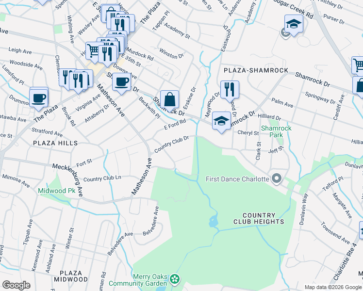 map of restaurants, bars, coffee shops, grocery stores, and more near in Charlotte