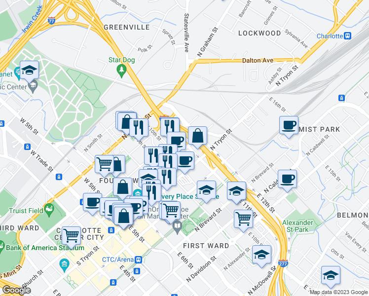 map of restaurants, bars, coffee shops, grocery stores, and more near 716 North Church Street in Charlotte