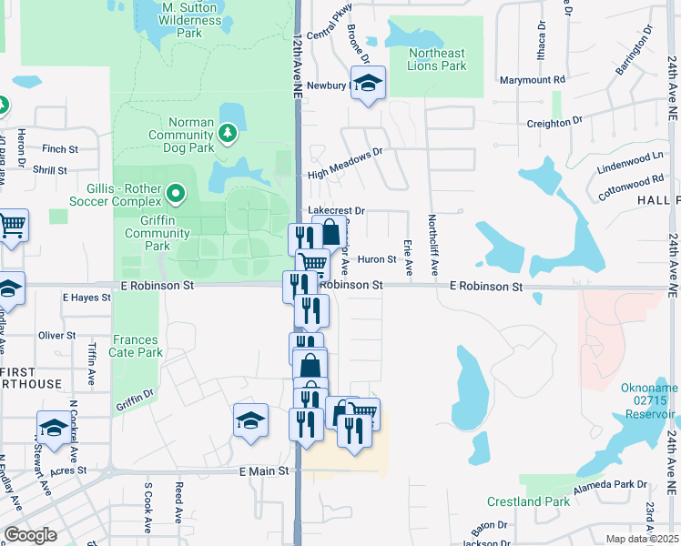 map of restaurants, bars, coffee shops, grocery stores, and more near 1206 Superior Avenue in Norman