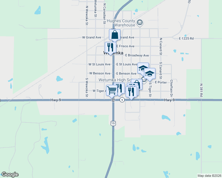 map of restaurants, bars, coffee shops, grocery stores, and more near 415 South Main Street in Wetumka