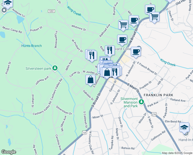map of restaurants, bars, coffee shops, grocery stores, and more near 90 South Caldwell Street in Brevard