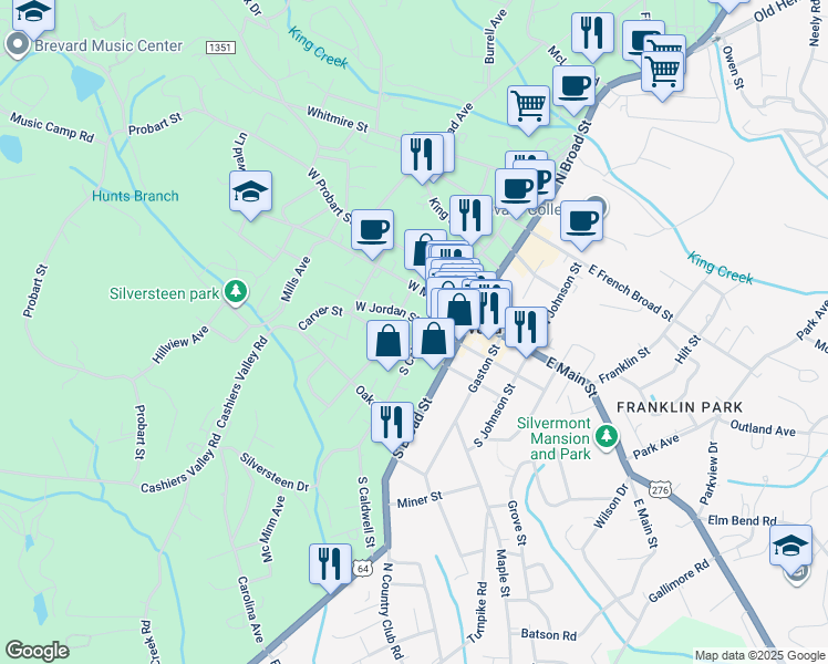 map of restaurants, bars, coffee shops, grocery stores, and more near 90 South Caldwell Street in Brevard