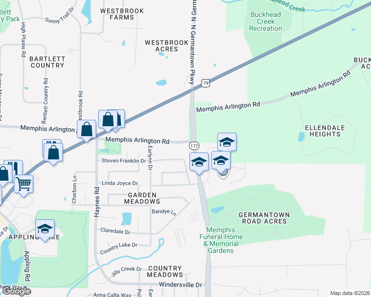 map of restaurants, bars, coffee shops, grocery stores, and more near 8067 Memphis Arlington Road in Memphis