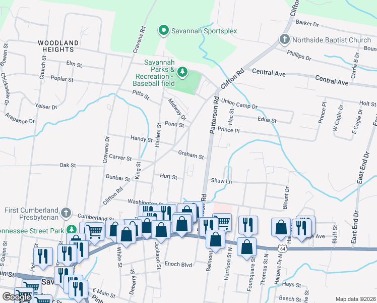 map of restaurants, bars, coffee shops, grocery stores, and more near 400 Shell Street in Savannah
