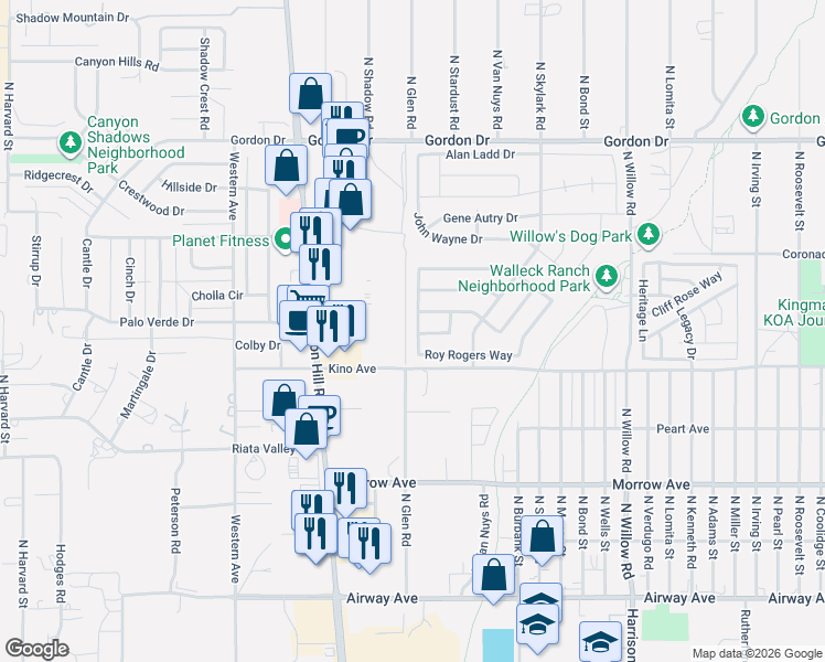 map of restaurants, bars, coffee shops, grocery stores, and more near 3825-3855 Henry Fonda Way in Kingman