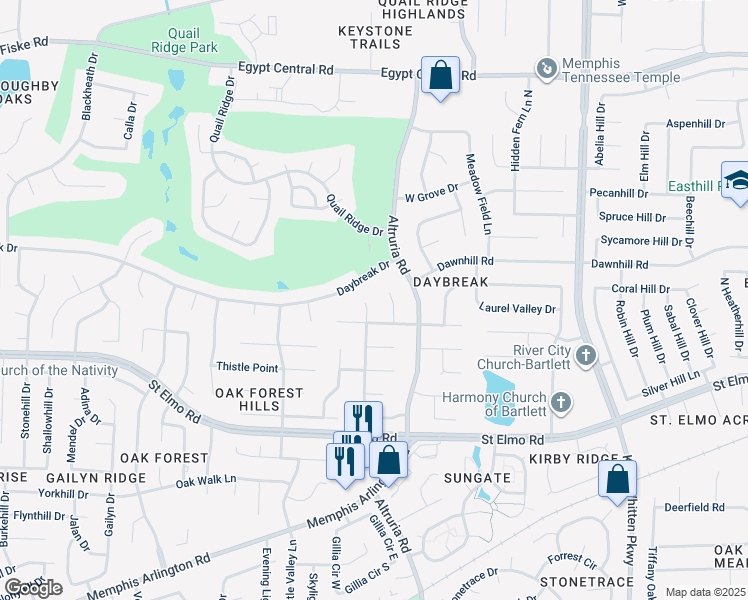 map of restaurants, bars, coffee shops, grocery stores, and more near 3948 Woodhollow Cove in Bartlett