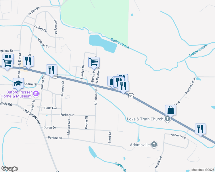 map of restaurants, bars, coffee shops, grocery stores, and more near 654 East Main Street in Adamsville