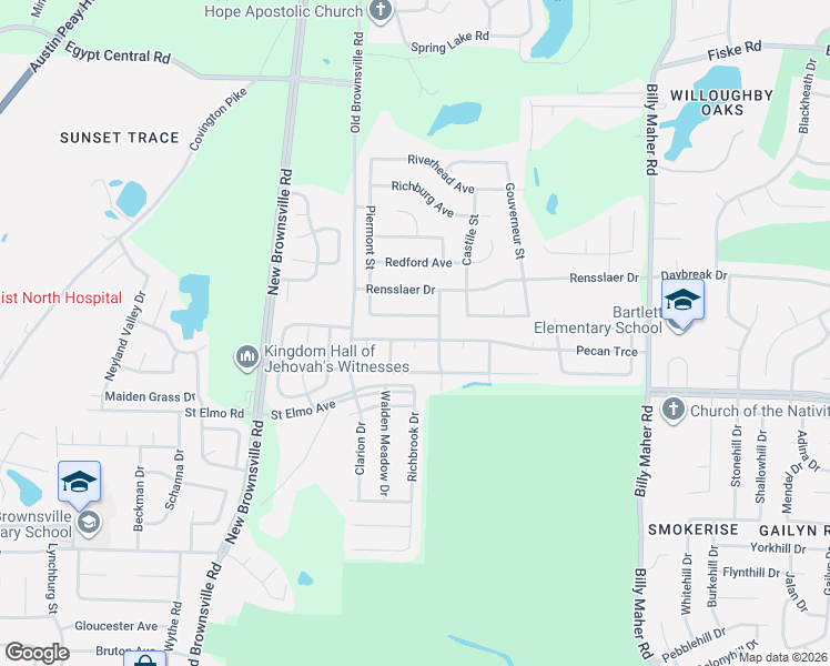 map of restaurants, bars, coffee shops, grocery stores, and more near 5674 Pecan Trce in Memphis
