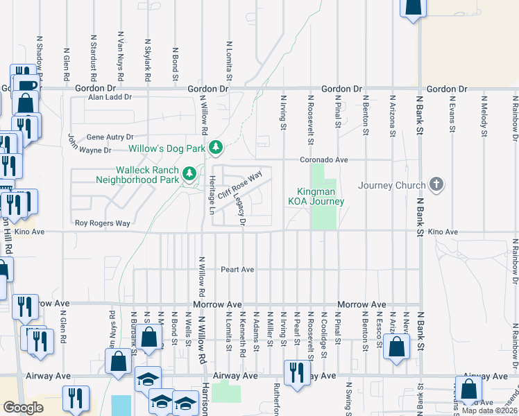 map of restaurants, bars, coffee shops, grocery stores, and more near 3789 North Irving Street in Kingman