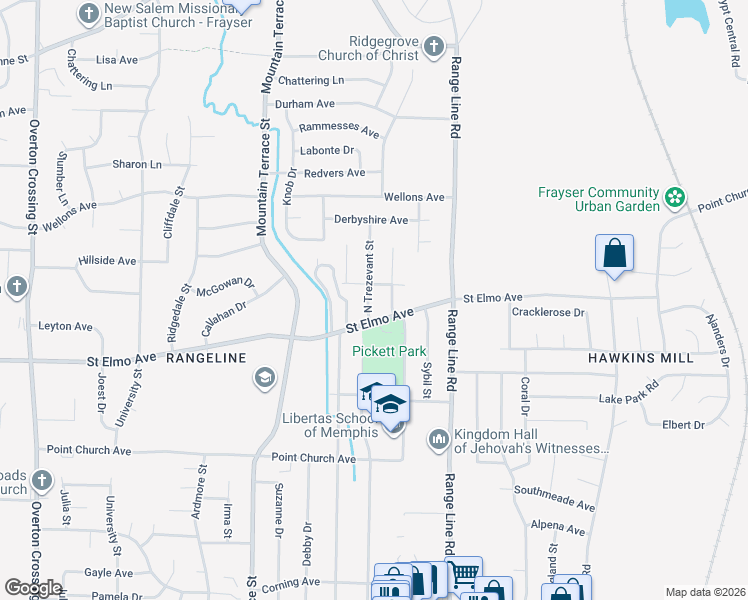 map of restaurants, bars, coffee shops, grocery stores, and more near 3960 North Trezevant Street in Memphis