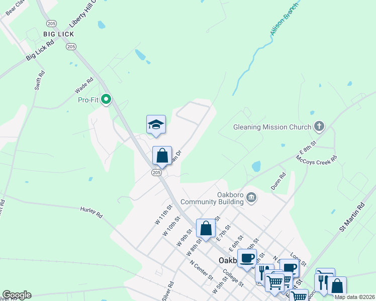 map of restaurants, bars, coffee shops, grocery stores, and more near 318 Pecan Drive in Oakboro