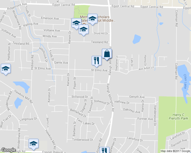 map of restaurants, bars, coffee shops, grocery stores, and more near 3950 Twinmont Street in Memphis