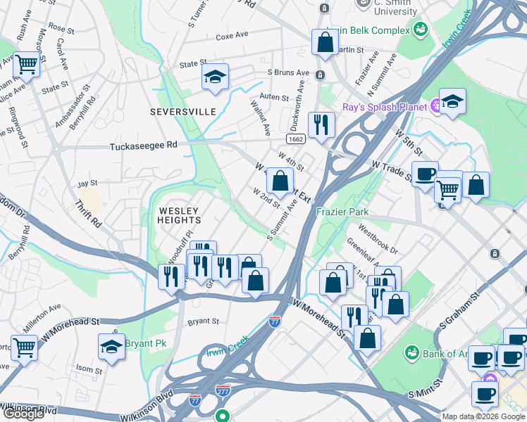 map of restaurants, bars, coffee shops, grocery stores, and more near 413 Grandin Road in Charlotte