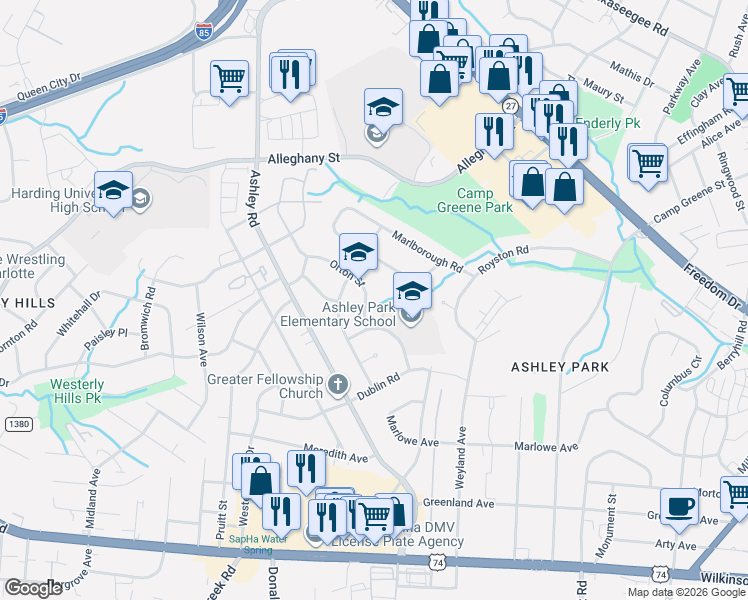 map of restaurants, bars, coffee shops, grocery stores, and more near 2329 Orton Street in Charlotte