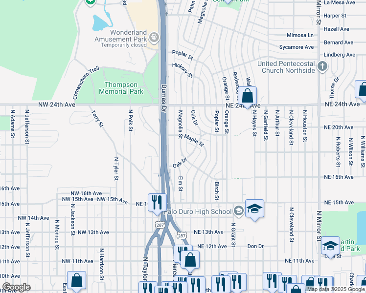 map of restaurants, bars, coffee shops, grocery stores, and more near 1811 Oak Dr in Amarillo