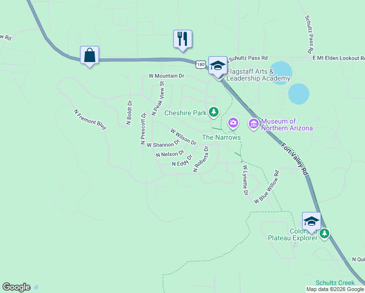 map of restaurants, bars, coffee shops, grocery stores, and more near 2777 North Nelson Drive in Flagstaff