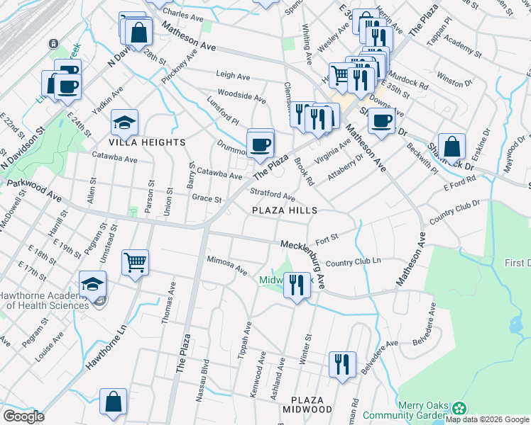 map of restaurants, bars, coffee shops, grocery stores, and more near 1901 Marguerite Avenue in Charlotte