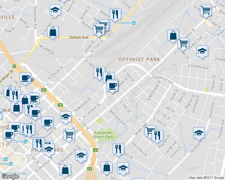map of restaurants, bars, coffee shops, grocery stores, and more near 1276 Duncan Gardens Drive in Charlotte