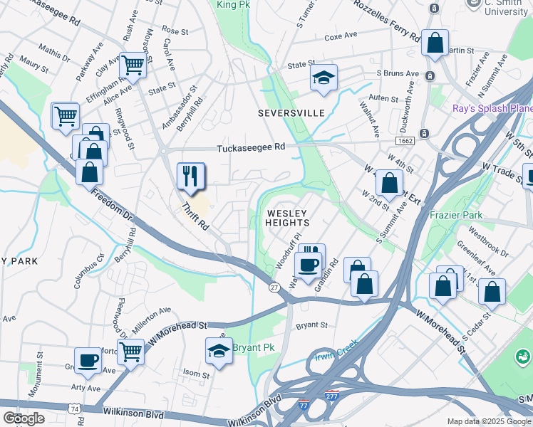 map of restaurants, bars, coffee shops, grocery stores, and more near 539 Hurston Circle in Charlotte