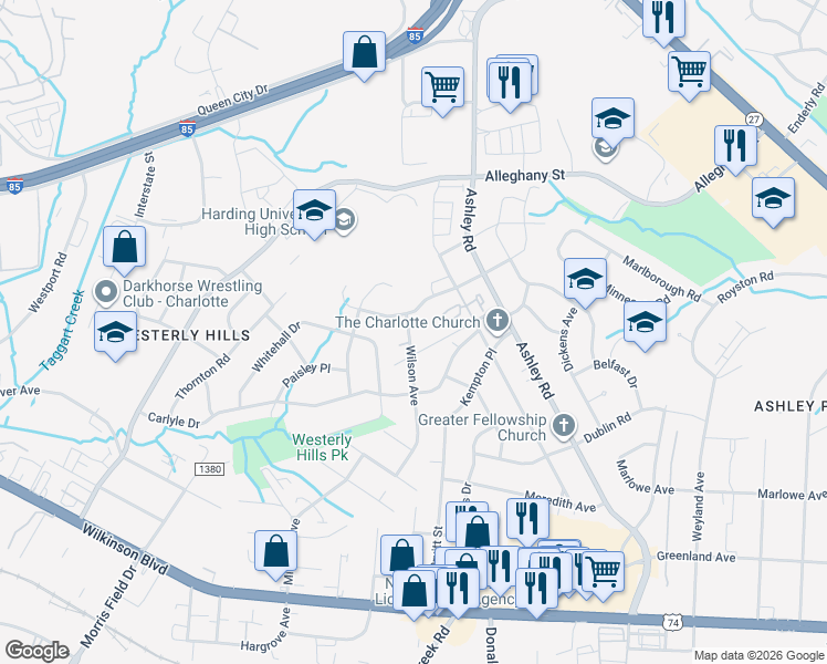 map of restaurants, bars, coffee shops, grocery stores, and more near in Charlotte