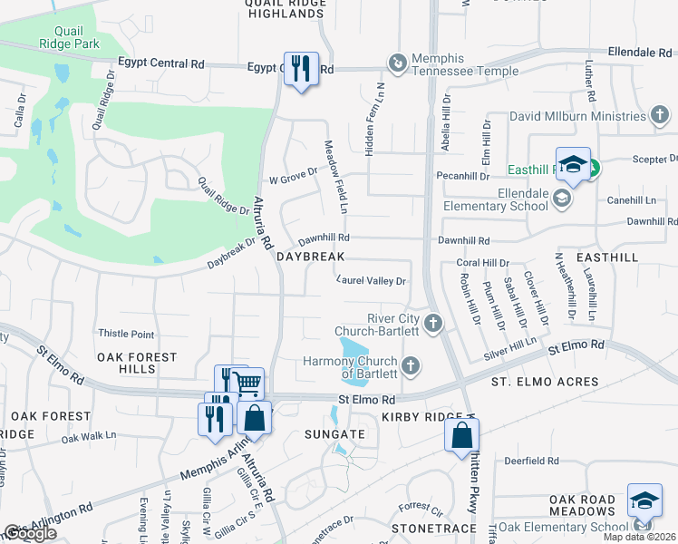 map of restaurants, bars, coffee shops, grocery stores, and more near 6623 Laurel Valley Drive in Memphis