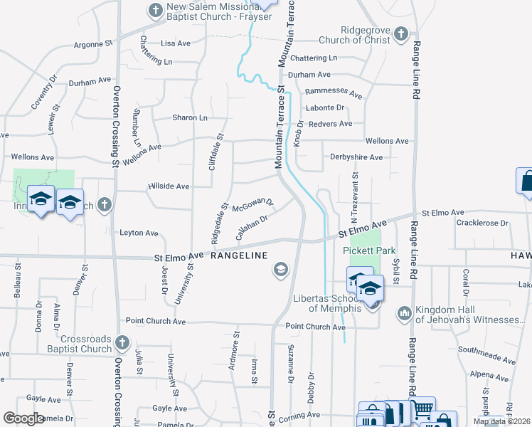 map of restaurants, bars, coffee shops, grocery stores, and more near 2359 McGowan Drive in Memphis