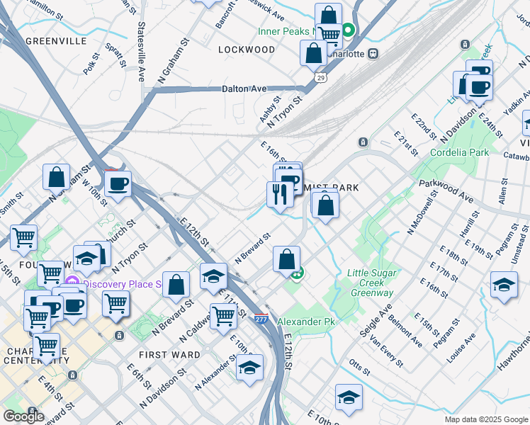 map of restaurants, bars, coffee shops, grocery stores, and more near 314 Belmont Avenue in Charlotte