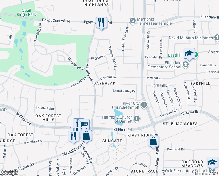 map of restaurants, bars, coffee shops, grocery stores, and more near 6623 Laurel Valley Drive in Memphis