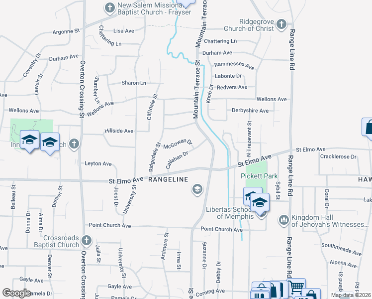 map of restaurants, bars, coffee shops, grocery stores, and more near 2359 McGowan Drive in Memphis