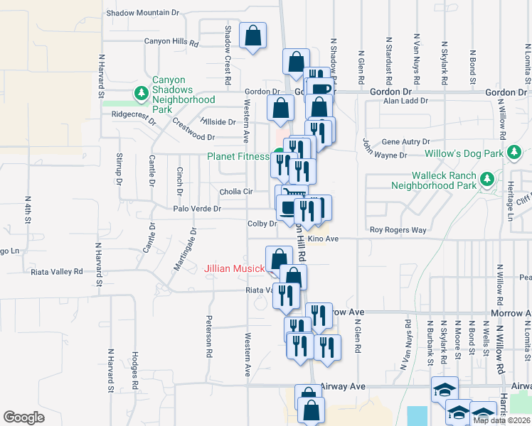 map of restaurants, bars, coffee shops, grocery stores, and more near 1730 Palo Verde Drive in Kingman